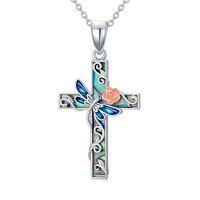 wholesale TOUPOP Cross Necklace Sterling Silver Butterfly/ladybug/hummingbird/dragonfly/bee Abalone Shell Rose Cross Pendant For Women Religious Gift For Mom Grandma Wife Sister Her -style_name:Dragonfly