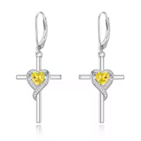 TOUPOP Sterling Silver Birthstone Heart Cross Drop Dangle Earrings-color_name:11-Citrine-Nov.