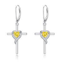 wholesale TOUPOP Birthstone Cross Earrings 925 Sterling Silver Heart Cross Drop Dangle Earrings Fine Jewelry Birthday Christmas Gifts For Women Her -color_name:11-Citrine-Nov.
