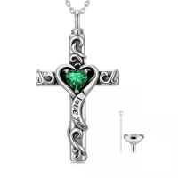 TOUPOP Sterling Silver Birthstone Cross Urn Necklace for Ashes with Filler-color_name:05-May-Emerald
