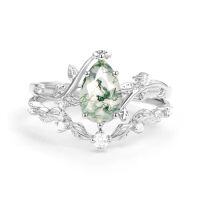 wholesale TOUPOP Natural Moss Agate Moissanite Wedding Ring Set For Women Pear Shaped Natural Moss Agate Ring Bridal Set 925 Sterling Silver 10k 14k 18k Solid Gold Engraved Egagement Anniversary Ring For Wife -style_name:A Moss Agate Moissanite Ring