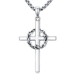 2-Crown of Thorns Cross Necklace-White