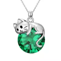 TOUPOP Sterling Silver Cat Birthstone Pendant Necklace Gift for Women-color_name:05-May-Emerald