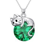 wholesale Cat Birthstone Necklace 925 Sterling Silver Cats Pendant Jewelry Birthday Christmas Gifts For Women Cat Lovers -color_name:05-May-Emerald
