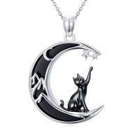 wholesale Gothic Necklace Bat/cat/owl/fox/sun Black Onyx Pendant Sterling Silver Crescent Moon Necklaces For Women Black Jewelry Gifts -style_name:Cat