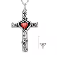 TOUPOP Sterling Silver Birthstone Cross Urn Necklace for Ashes with Filler-color_name:07-July-Ruby
