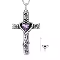 TOUPOP Sterling Silver Birthstone Cross Urn Necklace for Ashes with Filler-color_name:02-February-Amethyst
