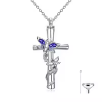 TOUPOP White Gold Plated S925 Sterling Silver with Birthstone Dragonfly Urn Necklace for Ashes-color_name:Dragonfly Cross Urn-Sep