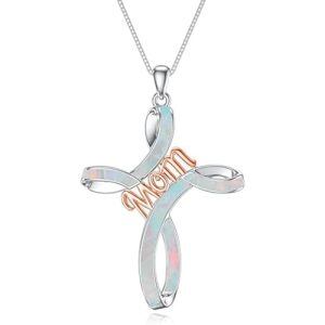 White opal cross mom necklace