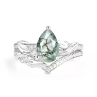 TOUPOP 10k 14k 18k Gold Sterling Silver Moss Agate Moissanite Pear Bridal Wedding Ring Set-style_name:F Moss Agate Moissanite Ring