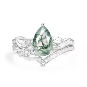 F Moss Agate Moissanite Ring