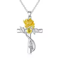 TOUPOP Sterling Silver Birthstone Birth Flower Cross Necklace-style_name:11-November-Chrysanthemum