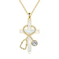 TOUPOP Sterling Silver Stone Nurse Stethoscope Cross Necklace Gift-style_name:A00-White Opal Stethoscope(Gold)