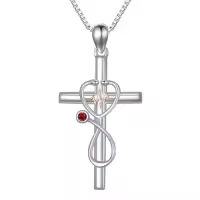 TOUPOP Sterling Silver Birthstone Stethoscope Cross Necklace for Nurse-color_name:01-January-Garnet