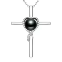 TOUPOP Sterling Silver Moissanite Black Freshwater Pearl Pendant Necklace-style_name:Cross