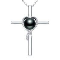 wholesale Black Pearl Necklacce For Women Sterling Silver Moissanite Black Freshwater Pearl Pendant Necklace Anniversary Jewelry Christmas Birthday Valentine Gifts For Women Wife Her Mom -style_name:Cross