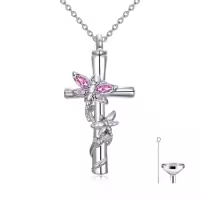 TOUPOP White Gold Plated S925 Sterling Silver with Birthstone Dragonfly Urn Necklace for Ashes-color_name:Dragonfly Cross Urn-Oct