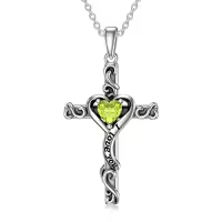TOUPOP Sterling Silver Birthstone Heart Cross Pendant Necklace For Women-color_name:08-Peridot-August