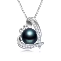 TOUPOP Sterling Silver Black Freshwater Pearl Heart Pendant Necklace-style_name:Heart pearl