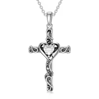 TOUPOP Sterling Silver Birthstone Heart Cross Pendant Necklace For Women-color_name:04-Synthetic Diamond-April