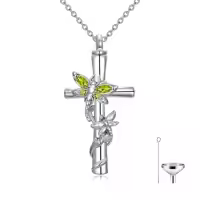 TOUPOP White Gold Plated S925 Sterling Silver with Birthstone Dragonfly Urn Necklace for Ashes-color_name:Dragonfly Cross Urn-Aug