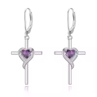 TOUPOP Sterling Silver Birthstone Heart Cross Drop Dangle Earrings-color_name:02-Amethyst-Feb.