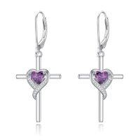 wholesale TOUPOP Birthstone Cross Earrings 925 Sterling Silver Heart Cross Drop Dangle Earrings Fine Jewelry Birthday Christmas Gifts For Women Her -color_name:02-Amethyst-Feb.
