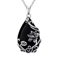 TOUPOP Sterling Silver Black Onyx Daisy Hibiscus Lotus Rose Peony Sunflower Pendant Necklace-style_name:Lotus