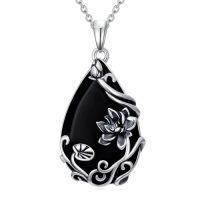 wholesale Daisy/hibiscus/lotus/rose/peony/sunflower Necklace 925 Sterling Silver Teardrop Black Onyx Pendant Vintage Flower Jewelry Gifts For Women -style_name:Lotus