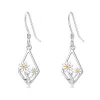 TOUPOP 925 Sterling Silver Lotus Cherry Blossoms Sunflower Snowflake Daisy Rose Earrings Floral Jewelry-style_name:1-Daisy-Rhombus
