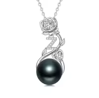 TOUPOP Sterling Silver Black Pearl Rose Letter Pendant Necklace-style_name:Rose Letter Z
