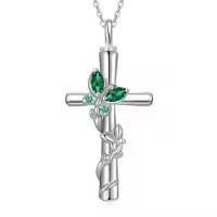 TOUPOP White Gold Plated S925 Sterling Silver with Birthstone Butterfly Urn Necklace for Ashes-color_name:Butterfly Cross Urn-May