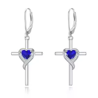 TOUPOP Sterling Silver Birthstone Heart Cross Drop Dangle Earrings-color_name:09-Sapphire-Sep.
