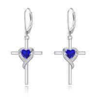 wholesale TOUPOP Birthstone Cross Earrings 925 Sterling Silver Heart Cross Drop Dangle Earrings Fine Jewelry Birthday Christmas Gifts For Women Her -color_name:09-Sapphire-Sep.