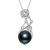 TOUPOP Sterling Silver Black Pearl Rose Letter Pendant Necklace-style_name:Rose Letter A