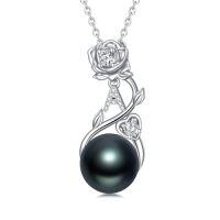 wholesale Rose Black Pearl Necklace Sterling Silver Black Pearl Rose Initial A To Z Letter Pendant Necklace Anniversary Jewelry Christmas Valentine Birthday Gifts For Women Wife Her Mom -style_name:Rose Letter A