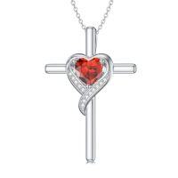 wholesale TOUPOP Birthstone Cross Necklace For Women 925 Sterling Silver Heart Cross Pendant Necklace Birthday Christmas Jewelry Gifts For Her Girlfriend -color_name:07-Ruby-Jul.