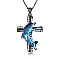 TOUPOP Sterling Silver Crystal Dolphin Necklace Women's Jewelry Gifts-color_name:Black Gold Plated-Cross Dolphin
