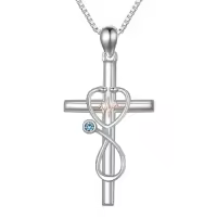 TOUPOP Sterling Silver Birthstone Stethoscope Cross Necklace for Nurse-color_name:03-March-Aquamarine