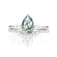 wholesale TOUPOP Natural Moss Agate Moissanite Wedding Ring Set For Women Pear Shaped Natural Moss Agate Ring Bridal Set 925 Sterling Silver 10k 14k 18k Solid Gold Engraved Egagement Anniversary Ring For Wife -style_name:C Moss Agate Moissanite Ring
