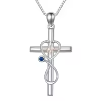 TOUPOP Sterling Silver Birthstone Stethoscope Cross Necklace for Nurse-color_name:09-September-Sapphire
