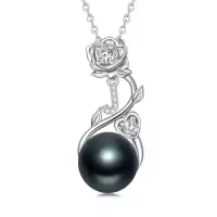 TOUPOP Sterling Silver Black Pearl Rose Letter Pendant Necklace-style_name:Rose Letter J