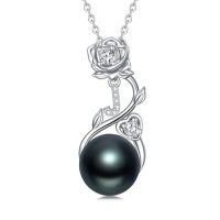 wholesale Rose Black Pearl Necklace Sterling Silver Black Pearl Rose Initial A To Z Letter Pendant Necklace Anniversary Jewelry Christmas Valentine Birthday Gifts For Women Wife Her Mom -style_name:Rose Letter J