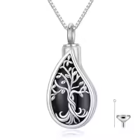 TOUPOP Sterling Silver Gemstone Teardrop Tree Of Life Urn Necklace-color_name:Black Onyx
