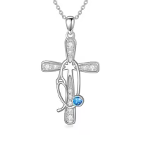 TOUPOP Sterling Silver Birthstone Cross Stethoscope Nursing Necklace Pendant-style_name:12-Dec-Blue Topaz