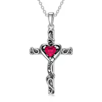 TOUPOP Sterling Silver Birthstone Heart Cross Pendant Necklace For Women-color_name:07-Ruby-July