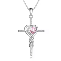 TOUPOP Sterling Silver Birthstone Cross Necklace Heart Infinity Jewelry Gifts-color_name:10-October-Pink Tourmaline