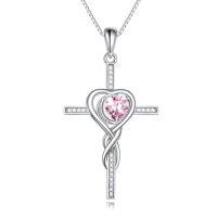 wholesale TOUPOP Birthstone Cross Necklace 925 Sterling Silver Heart Cross Necklace Love Infinity Jewelry Birthday Christmas Gifts For Women Her Girlfriend Wife -color_name:10-October-Pink Tourmaline
