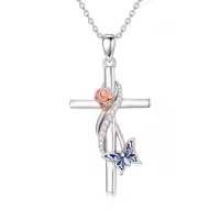 TOUPOP 925 Sterling Silver Crystal Cross Animal Necklace-style_name:Butterfly