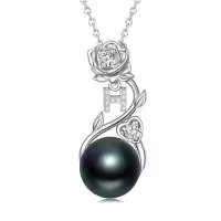 TOUPOP Sterling Silver Black Pearl Rose Letter Pendant Necklace-style_name:Rose Letter H